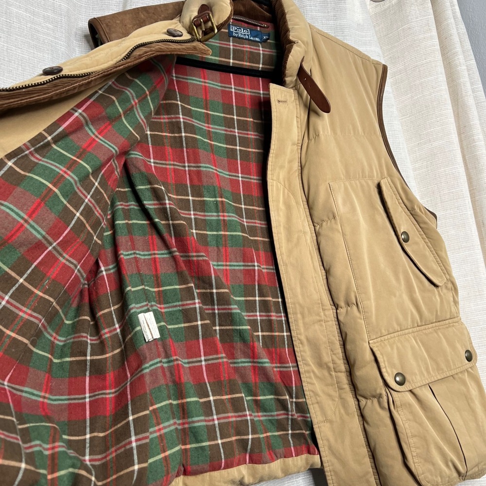 Vintage Polo Ralph Lauren Down Hunting Vest Wool Lined Tan Cargo Utility Mens XL - Picture 11 of 14